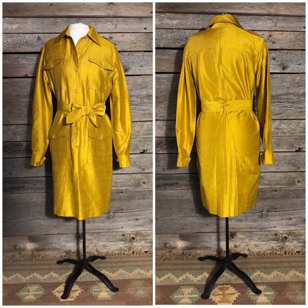 Isaac Mizrahi Gold Shirt Dress, 100% Silk,  Size 8, c. 1990s, Retro Shirt Dress